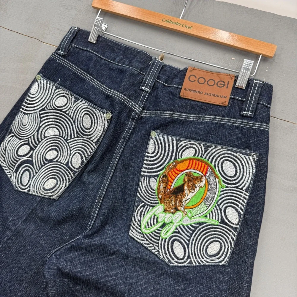 Y2K COOGI Jeans Dark Wash Indigo Embroidered Baggy Swirl Koala Animal 32 x 30
